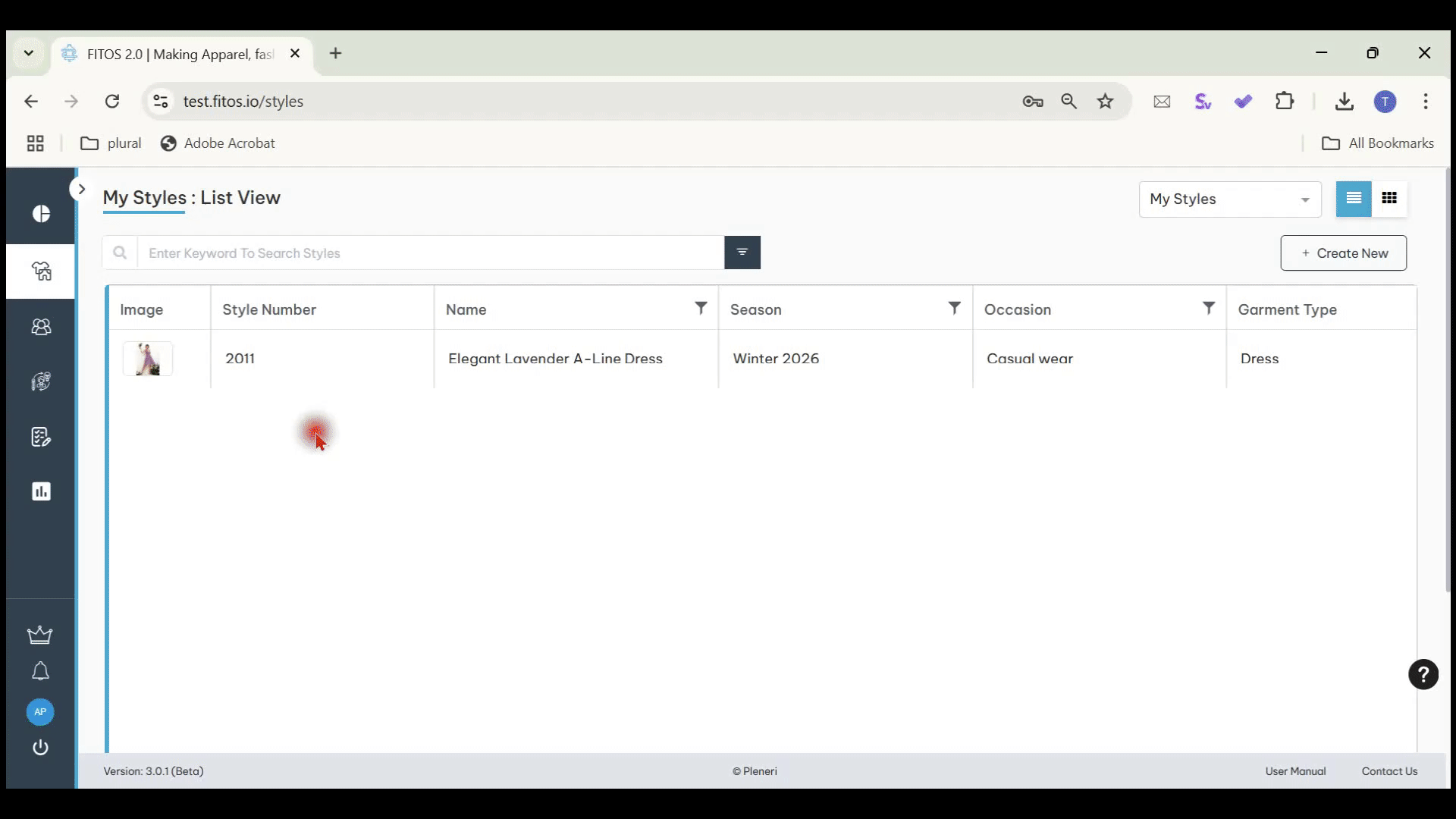 {"type":"elementor","siteurl":"https://help.fitos.io/wp-json/","elements":[{"id":"9405f70","elType":"widget","isInner":false,"isLocked":false,"settings":{"content_width":"full","editor":"Creating a New StyleStyle Details BOM Tab CreationStyle Details Colorways Tab CreationStyle Details Measurements Tab CreationStyle Details Pattern Tab CreationStyle Details Construction Tab CreationStyle Details Attachments Tab CreationStyle Details Discussion Chat In the Manage Styles tab, you will see a button at the top right of the       page -  + Create New When you click on this +Create New button, you will get 2 options – Create from Scratch and COPY A STYLE.Create Style from Scratch – If you choose “CREATE FROM SCRATCH”, then you will need to enter required fields as shown below.The options in the 'Category' and 'Silhouette' dropdown fields will update dynamically based on the selected 'Garment Type.If user select Garment Type as Topwear thenSize Range – Based on the size chart choice, all possible values are shown in Size Range drop down field. Users can select sizes in which the style will need to be designed for. It’s dropdown shown belowSample Size – Based on the selected values in Size Range, user can select the Sample Size for Points of Measure reference.On clicking Create, the page is redirected to My Styles : List View pageCreated Styles will be shown in My Styles : List View page as belowCreated Styles will be shown in My Styles : Card view page as belowCopy a StyleSelect a style that you would like to copy by clicking “Copy Style” in that style’s card. Then edit the Style Name, select the style features you would like to copy and click on Create buttonClick on Create button on Copy Style popupClicking on Create button will navigate to My Styles : List View page where the newly created style will be shown in both My Styles : List View and My Styles : Card View as shown in above section.View Style Details :   Click on required style to navigate to 'My Style' in view mode.Edit Style DetailsThere are 3 ways to edit Styles.Click on the Edit icon (highlighted in the screenshots below) in My Styles: List view screen:Second way is to click at the top of View Style details screen to open the Style in edit mode.Third possibility is to click on edit Styles is by clicking on edit button from My Styles: Card viewStyle – In Style  Edit mode, all fields except ID can be edited. The form opens as shown below. Style is a unique, system generated Identifier.Click on edit button which is at top right side of the page to add  or update values in Style tabsBOM : click on BOM tabClick on +Add New buttonClicking on +Add New button will open Add BOM popupClicking on +Add New button will open Add BOM popup of selected Material and required valuesColorways  :  Click on Colorways tabClick on +Add New buttonClicking on +Add New button will open Add Colorways button Colorways buttonEnter required palettes from popupClick on Add Colorways buttonClicking on Add Colorways button will add selected palettes in Colorways tabMeasurementsClick on the 'Generate Measurements' buttonClicking on the 'Generate Measurements' button will display specific Points of Measure (POM) in a popup windowClick on Save button to add selected Points of Measure (POM) to the Measurement tableIf the user needs to select only specific Points of Measure (POM) from the popup, they must first click the 'Deselect All' checkbox and then choose the required POMsClick the 'Add New' button if the user wants to add new measurements.Add the field values as shown below and click on Add Measurements buttonClicking on Add Measurements button will add selected POM in the tableNote: The Size Configuration and Size Range shown here come from Style Tab. If you would like to update this data, please change them in Style tab.Pattern : click on Pattern tabclick on Upload button and select required imageClick on Upload buttonClicking on Upload button will add CAD Pattern in Pattern tabClick on +Add New buttonClick on +Add New button and enter required valuesClick on Add Pattern buttonUser can able to change the order of patternsConstructionClick on +Add New buttonClicking on +Add New button will open Create Operation popup  -> fill all the required fields and click on Add buttonClicking on Add button will add the entered Operation in the Construction tableAttachments : click on Attachments tabClick on +Add New buttonClick on Upload button and select required imageClick on Add Attachment buttonDelete StylesDelete StylesThere are 3  ways to delete StyleFirst possibility to delete Style is by clicking on Delete button (highlighted in the screenshot below)   from My Styles: List view pageSecond possibility is by clicking on Delete button (highlighted in the screenshots below) which is at top right side of Style Details page in view modeThird possibility is by clicking on Delete button (highlighted in the screenshot below) on the card  in My Styles : Card view pageSearch Functionality : The search functionality allows users to find specific items using both list view and card view display options. Users can choose their preferred view to explore search results in a format that best suits their needs.Search functionality in My Styles: List ViewEnter keyword in search bar to filter required itemSearch functionality in My Styles: Card ViewEnter keyword in search bar to filter required itemGenerate TechpackThere are 3 ways to generate Techpack.The first possibility to generate Techpack is available in the My Styles : List View by clicking on Techpack button (highlighted in the screenshot below)  which is showing in Actions columnSecond is to click on Techpack button (highlighted in the screenshot below) which is in the view/edit Style Details screen, at the top of the page.The third possibility to generate Techpack is available in the My Styles : Card View by clicking on three dots  which is showing at bottom of the card and click on Generate Techpack button (highlighted in the screenshot below)","drop_cap":"","text_columns":"","text_columns_tablet":"","text_columns_mobile":"","column_gap":{"unit":"px","size":"","sizes":[]},"column_gap_tablet":{"unit":"px","size":"","sizes":[]},"column_gap_mobile":{"unit":"px","size":"","sizes":[]},"align":"","align_tablet":"","align_mobile":"","text_color":"","typography_typography":"","typography_font_family":"","typography_font_size":{"unit":"px","size":"","sizes":[]},"typography_font_size_tablet":{"unit":"px","size":"","sizes":[]},"typography_font_size_mobile":{"unit":"px","size":"","sizes":[]},"typography_font_weight":"","typography_text_transform":"","typography_font_style":"","typography_text_decoration":"","typography_line_height":{"unit":"px","size":"","sizes":[]},"typography_line_height_tablet":{"unit":"em","size":"","sizes":[]},"typography_line_height_mobile":{"unit":"em","size":"","sizes":[]},"typography_letter_spacing":{"unit":"px","size":"","sizes":[]},"typography_letter_spacing_tablet":{"unit":"px","size":"","sizes":[]},"typography_letter_spacing_mobile":{"unit":"px","size":"","sizes":[]},"typography_word_spacing":{"unit":"px","size":"","sizes":[]},"typography_word_spacing_tablet":{"unit":"em","size":"","sizes":[]},"typography_word_spacing_mobile":{"unit":"em","size":"","sizes":[]},"text_shadow_text_shadow_type":"","text_shadow_text_shadow":{"horizontal":0,"vertical":0,"blur":10,"color":"rgba(0,0,0,0.3)"},"drop_cap_view":"default","drop_cap_primary_color":"","drop_cap_secondary_color":"","drop_cap_shadow_text_shadow_type":"","drop_cap_shadow_text_shadow":{"horizontal":0,"vertical":0,"blur":10,"color":"rgba(0,0,0,0.3)"},"drop_cap_size":{"unit":"px","size":5,"sizes":[]},"drop_cap_space":{"unit":"px","size":10,"sizes":[]},"drop_cap_border_radius":{"unit":"%","size":"","sizes":[]},"drop_cap_border_width":{"unit":"px","top":"","right":"","bottom":"","left":"","isLinked":true},"drop_cap_typography_typography":"","drop_cap_typography_font_family":"","drop_cap_typography_font_size":{"unit":"px","size":"","sizes":[]},"drop_cap_typography_font_size_tablet":{"unit":"px","size":"","sizes":[]},"drop_cap_typography_font_size_mobile":{"unit":"px","size":"","sizes":[]},"drop_cap_typography_font_weight":"","drop_cap_typography_text_transform":"","drop_cap_typography_font_style":"","drop_cap_typography_text_decoration":"","drop_cap_typography_line_height":{"unit":"px","size":"","sizes":[]},"drop_cap_typography_line_height_tablet":{"unit":"em","size":"","sizes":[]},"drop_cap_typography_line_height_mobile":{"unit":"em","size":"","sizes":[]},"drop_cap_typography_word_spacing":{"unit":"px","size":"","sizes":[]},"drop_cap_typography_word_spacing_tablet":{"unit":"em","size":"","sizes":[]},"drop_cap_typography_word_spacing_mobile":{"unit":"em","size":"","sizes":[]},"_title":"","_margin":{"unit":"px","top":"","right":"","bottom":"","left":"","isLinked":true},"_margin_tablet":{"unit":"px","top":"","right":"","bottom":"","left":"","isLinked":true},"_margin_mobile":{"unit":"px","top":"","right":"","bottom":"","left":"","isLinked":true},"_padding":{"unit":"px","top":"","right":"","bottom":"","left":"","isLinked":true},"_padding_tablet":{"unit":"px","top":"","right":"","bottom":"","left":"","isLinked":true},"_padding_mobile":{"unit":"px","top":"","right":"","bottom":"","left":"","isLinked":true},"_element_width":"","_element_width_tablet":"","_element_width_mobile":"","_element_custom_width":{"unit":"%","size":"","sizes":[]},"_element_custom_width_tablet":{"unit":"px","size":"","sizes":[]},"_element_custom_width_mobile":{"unit":"px","size":"","sizes":[]},"_flex_align_self":"","_flex_align_self_tablet":"","_flex_align_self_mobile":"","_flex_order":"","_flex_order_tablet":"","_flex_order_mobile":"","_flex_order_custom":"","_flex_order_custom_tablet":"","_flex_order_custom_mobile":"","_flex_size":"","_flex_size_tablet":"","_flex_size_mobile":"","_flex_grow":1,"_flex_grow_tablet":"","_flex_grow_mobile":"","_flex_shrink":1,"_flex_shrink_tablet":"","_flex_shrink_mobile":"","_element_vertical_align":"","_element_vertical_align_tablet":"","_element_vertical_align_mobile":"","_position":"","_offset_orientation_h":"start","_offset_x":{"unit":"px","size":0,"sizes":[]},"_offset_x_tablet":{"unit":"px","size":"","sizes":[]},"_offset_x_mobile":{"unit":"px","size":"","sizes":[]},"_offset_x_end":{"unit":"px","size":0,"sizes":[]},"_offset_x_end_tablet":{"unit":"px","size":"","sizes":[]},"_offset_x_end_mobile":{"unit":"px","size":"","sizes":[]},"_offset_orientation_v":"start","_offset_y":{"unit":"px","size":0,"sizes":[]},"_offset_y_tablet":{"unit":"px","size":"","sizes":[]},"_offset_y_mobile":{"unit":"px","size":"","sizes":[]},"_offset_y_end":{"unit":"px","size":0,"sizes":[]},"_offset_y_end_tablet":{"unit":"px","size":"","sizes":[]},"_offset_y_end_mobile":{"unit":"px","size":"","sizes":[]},"_z_index":"","_z_index_tablet":"","_z_index_mobile":"","_element_id":"","_css_classes":"","e_display_conditions":"","motion_fx_motion_fx_scrolling":"","motion_fx_translateY_effect":"","motion_fx_translateY_direction":"","motion_fx_translateY_speed":{"unit":"px","size":4,"sizes":[]},"motion_fx_translateY_affectedRange":{"unit":"%","size":"","sizes":{"start":0,"end":100}},"motion_fx_translateX_effect":"","motion_fx_translateX_direction":"","motion_fx_translateX_speed":{"unit":"px","size":4,"sizes":[]},"motion_fx_translateX_affectedRange":{"unit":"%","size":"","sizes":{"start":0,"end":100}},"motion_fx_opacity_effect":"","motion_fx_opacity_direction":"out-in","motion_fx_opacity_level":{"unit":"px","size":10,"sizes":[]},"motion_fx_opacity_range":{"unit":"%","size":"","sizes":{"start":20,"end":80}},"motion_fx_blur_effect":"","motion_fx_blur_direction":"out-in","motion_fx_blur_level":{"unit":"px","size":7,"sizes":[]},"motion_fx_blur_range":{"unit":"%","size":"","sizes":{"start":20,"end":80}},"motion_fx_rotateZ_effect":"","motion_fx_rotateZ_direction":"","motion_fx_rotateZ_speed":{"unit":"px","size":1,"sizes":[]},"motion_fx_rotateZ_affectedRange":{"unit":"%","size":"","sizes":{"start":0,"end":100}},"motion_fx_scale_effect":"","motion_fx_scale_direction":"out-in","motion_fx_scale_speed":{"unit":"px","size":4,"sizes":[]},"motion_fx_scale_range":{"unit":"%","size":"","sizes":{"start":20,"end":80}},"motion_fx_transform_origin_x":"center","motion_fx_transform_origin_y":"center","motion_fx_devices":["desktop","tablet","mobile"],"motion_fx_range":"","motion_fx_motion_fx_mouse":"","motion_fx_mouseTrack_effect":"","motion_fx_mouseTrack_direction":"","motion_fx_mouseTrack_speed":{"unit":"px","size":1,"sizes":[]},"motion_fx_tilt_effect":"","motion_fx_tilt_direction":"","motion_fx_tilt_speed":{"unit":"px","size":4,"sizes":[]},"sticky":"","sticky_on":["desktop","tablet","mobile"],"sticky_offset":0,"sticky_offset_tablet":"","sticky_offset_mobile":"","sticky_effects_offset":0,"sticky_effects_offset_tablet":"","sticky_effects_offset_mobile":"","sticky_parent":"","_animation":"","_animation_tablet":"","_animation_mobile":"","animation_duration":"","_animation_delay":"","_transform_rotate_popover":"","_transform_rotateZ_effect":{"unit":"px","size":"","sizes":[]},"_transform_rotateZ_effect_tablet":{"unit":"deg","size":"","sizes":[]},"_transform_rotateZ_effect_mobile":{"unit":"deg","size":"","sizes":[]},"_transform_rotate_3d":"","_transform_rotateX_effect":{"unit":"px","size":"","sizes":[]},"_transform_rotateX_effect_tablet":{"unit":"deg","size":"","sizes":[]},"_transform_rotateX_effect_mobile":{"unit":"deg","size":"","sizes":[]},"_transform_rotateY_effect":{"unit":"px","size":"","sizes":[]},"_transform_rotateY_effect_tablet":{"unit":"deg","size":"","sizes":[]},"_transform_rotateY_effect_mobile":{"unit":"deg","size":"","sizes":[]},"_transform_perspective_effect":{"unit":"px","size":"","sizes":[]},"_transform_perspective_effect_tablet":{"unit":"px","size":"","sizes":[]},"_transform_perspective_effect_mobile":{"unit":"px","size":"","sizes":[]},"_transform_translate_popover":"","_transform_translateX_effect":{"unit":"px","size":"","sizes":[]},"_transform_translateX_effect_tablet":{"unit":"px","size":"","sizes":[]},"_transform_translateX_effect_mobile":{"unit":"px","size":"","sizes":[]},"_transform_translateY_effect":{"unit":"px","size":"","sizes":[]},"_transform_translateY_effect_tablet":{"unit":"px","size":"","sizes":[]},"_transform_translateY_effect_mobile":{"unit":"px","size":"","sizes":[]},"_transform_scale_popover":"","_transform_keep_proportions":"yes","_transform_scale_effect":{"unit":"px","size":"","sizes":[]},"_transform_scale_effect_tablet":{"unit":"px","size":"","sizes":[]},"_transform_scale_effect_mobile":{"unit":"px","size":"","sizes":[]},"_transform_scaleX_effect":{"unit":"px","size":"","sizes":[]},"_transform_scaleX_effect_tablet":{"unit":"px","size":"","sizes":[]},"_transform_scaleX_effect_mobile":{"unit":"px","size":"","sizes":[]},"_transform_scaleY_effect":{"unit":"px","size":"","sizes":[]},"_transform_scaleY_effect_tablet":{"unit":"px","size":"","sizes":[]},"_transform_scaleY_effect_mobile":{"unit":"px","size":"","sizes":[]},"_transform_skew_popover":"","_transform_skewX_effect":{"unit":"px","size":"","sizes":[]},"_transform_skewX_effect_tablet":{"unit":"deg","size":"","sizes":[]},"_transform_skewX_effect_mobile":{"unit":"deg","size":"","sizes":[]},"_transform_skewY_effect":{"unit":"px","size":"","sizes":[]},"_transform_skewY_effect_tablet":{"unit":"deg","size":"","sizes":[]},"_transform_skewY_effect_mobile":{"unit":"deg","size":"","sizes":[]},"_transform_flipX_effect":"","_transform_flipY_effect":"","_transform_rotate_popover_hover":"","_transform_rotateZ_effect_hover":{"unit":"px","size":"","sizes":[]},"_transform_rotateZ_effect_hover_tablet":{"unit":"deg","size":"","sizes":[]},"_transform_rotateZ_effect_hover_mobile":{"unit":"deg","size":"","sizes":[]},"_transform_rotate_3d_hover":"","_transform_rotateX_effect_hover":{"unit":"px","size":"","sizes":[]},"_transform_rotateX_effect_hover_tablet":{"unit":"deg","size":"","sizes":[]},"_transform_rotateX_effect_hover_mobile":{"unit":"deg","size":"","sizes":[]},"_transform_rotateY_effect_hover":{"unit":"px","size":"","sizes":[]},"_transform_rotateY_effect_hover_tablet":{"unit":"deg","size":"","sizes":[]},"_transform_rotateY_effect_hover_mobile":{"unit":"deg","size":"","sizes":[]},"_transform_perspective_effect_hover":{"unit":"px","size":"","sizes":[]},"_transform_perspective_effect_hover_tablet":{"unit":"px","size":"","sizes":[]},"_transform_perspective_effect_hover_mobile":{"unit":"px","size":"","sizes":[]},"_transform_translate_popover_hover":"","_transform_translateX_effect_hover":{"unit":"px","size":"","sizes":[]},"_transform_translateX_effect_hover_tablet":{"unit":"px","size":"","sizes":[]},"_transform_translateX_effect_hover_mobile":{"unit":"px","size":"","sizes":[]},"_transform_translateY_effect_hover":{"unit":"px","size":"","sizes":[]},"_transform_translateY_effect_hover_tablet":{"unit":"px","size":"","sizes":[]},"_transform_translateY_effect_hover_mobile":{"unit":"px","size":"","sizes":[]},"_transform_scale_popover_hover":"","_transform_keep_proportions_hover":"yes","_transform_scale_effect_hover":{"unit":"px","size":"","sizes":[]},"_transform_scale_effect_hover_tablet":{"unit":"px","size":"","sizes":[]},"_transform_scale_effect_hover_mobile":{"unit":"px","size":"","sizes":[]},"_transform_scaleX_effect_hover":{"unit":"px","size":"","sizes":[]},"_transform_scaleX_effect_hover_tablet":{"unit":"px","size":"","sizes":[]},"_transform_scaleX_effect_hover_mobile":{"unit":"px","size":"","sizes":[]},"_transform_scaleY_effect_hover":{"unit":"px","size":"","sizes":[]},"_transform_scaleY_effect_hover_tablet":{"unit":"px","size":"","sizes":[]},"_transform_scaleY_effect_hover_mobile":{"unit":"px","size":"","sizes":[]},"_transform_skew_popover_hover":"","_transform_skewX_effect_hover":{"unit":"px","size":"","sizes":[]},"_transform_skewX_effect_hover_tablet":{"unit":"deg","size":"","sizes":[]},"_transform_skewX_effect_hover_mobile":{"unit":"deg","size":"","sizes":[]},"_transform_skewY_effect_hover":{"unit":"px","size":"","sizes":[]},"_transform_skewY_effect_hover_tablet":{"unit":"deg","size":"","sizes":[]},"_transform_skewY_effect_hover_mobile":{"unit":"deg","size":"","sizes":[]},"_transform_flipX_effect_hover":"","_transform_flipY_effect_hover":"","_transform_transition_hover":{"unit":"px","size":"","sizes":[]},"motion_fx_transform_x_anchor_point":"","motion_fx_transform_x_anchor_point_tablet":"","motion_fx_transform_x_anchor_point_mobile":"","motion_fx_transform_y_anchor_point":"","motion_fx_transform_y_anchor_point_tablet":"","motion_fx_transform_y_anchor_point_mobile":"","_background_background":"","_background_color":"","_background_color_stop":{"unit":"%","size":0,"sizes":[]},"_background_color_stop_tablet":{"unit":"%"},"_background_color_stop_mobile":{"unit":"%"},"_background_color_b":"#f2295b","_background_color_b_stop":{"unit":"%","size":100,"sizes":[]},"_background_color_b_stop_tablet":{"unit":"%"},"_background_color_b_stop_mobile":{"unit":"%"},"_background_gradient_type":"linear","_background_gradient_angle":{"unit":"deg","size":180,"sizes":[]},"_background_gradient_angle_tablet":{"unit":"deg"},"_background_gradient_angle_mobile":{"unit":"deg"},"_background_gradient_position":"center center","_background_gradient_position_tablet":"","_background_gradient_position_mobile":"","_background_image":{"url":"","id":"","size":""},"_background_image_tablet":{"url":"","id":"","size":""},"_background_image_mobile":{"url":"","id":"","size":""},"_background_position":"","_background_position_tablet":"","_background_position_mobile":"","_background_xpos":{"unit":"px","size":0,"sizes":[]},"_background_xpos_tablet":{"unit":"px","size":0,"sizes":[]},"_background_xpos_mobile":{"unit":"px","size":0,"sizes":[]},"_background_ypos":{"unit":"px","size":0,"sizes":[]},"_background_ypos_tablet":{"unit":"px","size":0,"sizes":[]},"_background_ypos_mobile":{"unit":"px","size":0,"sizes":[]},"_background_attachment":"","_background_repeat":"","_background_repeat_tablet":"","_background_repeat_mobile":"","_background_size":"","_background_size_tablet":"","_background_size_mobile":"","_background_bg_width":{"unit":"%","size":100,"sizes":[]},"_background_bg_width_tablet":{"unit":"px","size":"","sizes":[]},"_background_bg_width_mobile":{"unit":"px","size":"","sizes":[]},"_background_video_link":"","_background_video_start":"","_background_video_end":"","_background_play_once":"","_background_play_on_mobile":"","_background_privacy_mode":"","_background_video_fallback":{"url":"","id":"","size":""},"_background_slideshow_gallery":[],"_background_slideshow_loop":"yes","_background_slideshow_slide_duration":5000,"_background_slideshow_slide_transition":"fade","_background_slideshow_transition_duration":500,"_background_slideshow_background_size":"","_background_slideshow_background_size_tablet":"","_background_slideshow_background_size_mobile":"","_background_slideshow_background_position":"","_background_slideshow_background_position_tablet":"","_background_slideshow_background_position_mobile":"","_background_slideshow_lazyload":"","_background_slideshow_ken_burns":"","_background_slideshow_ken_burns_zoom_direction":"in","_background_hover_background":"","_background_hover_color":"","_background_hover_color_stop":{"unit":"%","size":0,"sizes":[]},"_background_hover_color_stop_tablet":{"unit":"%"},"_background_hover_color_stop_mobile":{"unit":"%"},"_background_hover_color_b":"#f2295b","_background_hover_color_b_stop":{"unit":"%","size":100,"sizes":[]},"_background_hover_color_b_stop_tablet":{"unit":"%"},"_background_hover_color_b_stop_mobile":{"unit":"%"},"_background_hover_gradient_type":"linear","_background_hover_gradient_angle":{"unit":"deg","size":180,"sizes":[]},"_background_hover_gradient_angle_tablet":{"unit":"deg"},"_background_hover_gradient_angle_mobile":{"unit":"deg"},"_background_hover_gradient_position":"center center","_background_hover_gradient_position_tablet":"","_background_hover_gradient_position_mobile":"","_background_hover_image":{"url":"","id":"","size":""},"_background_hover_image_tablet":{"url":"","id":"","size":""},"_background_hover_image_mobile":{"url":"","id":"","size":""},"_background_hover_position":"","_background_hover_position_tablet":"","_background_hover_position_mobile":"","_background_hover_xpos":{"unit":"px","size":0,"sizes":[]},"_background_hover_xpos_tablet":{"unit":"px","size":0,"sizes":[]},"_background_hover_xpos_mobile":{"unit":"px","size":0,"sizes":[]},"_background_hover_ypos":{"unit":"px","size":0,"sizes":[]},"_background_hover_ypos_tablet":{"unit":"px","size":0,"sizes":[]},"_background_hover_ypos_mobile":{"unit":"px","size":0,"sizes":[]},"_background_hover_attachment":"","_background_hover_repeat":"","_background_hover_repeat_tablet":"","_background_hover_repeat_mobile":"","_background_hover_size":"","_background_hover_size_tablet":"","_background_hover_size_mobile":"","_background_hover_bg_width":{"unit":"%","size":100,"sizes":[]},"_background_hover_bg_width_tablet":{"unit":"px","size":"","sizes":[]},"_background_hover_bg_width_mobile":{"unit":"px","size":"","sizes":[]},"_background_hover_video_link":"","_background_hover_video_start":"","_background_hover_video_end":"","_background_hover_play_once":"","_background_hover_play_on_mobile":"","_background_hover_privacy_mode":"","_background_hover_video_fallback":{"url":"","id":"","size":""},"_background_hover_slideshow_gallery":[],"_background_hover_slideshow_loop":"yes","_background_hover_slideshow_slide_duration":5000,"_background_hover_slideshow_slide_transition":"fade","_background_hover_slideshow_transition_duration":500,"_background_hover_slideshow_background_size":"","_background_hover_slideshow_background_size_tablet":"","_background_hover_slideshow_background_size_mobile":"","_background_hover_slideshow_background_position":"","_background_hover_slideshow_background_position_tablet":"","_background_hover_slideshow_background_position_mobile":"","_background_hover_slideshow_lazyload":"","_background_hover_slideshow_ken_burns":"","_background_hover_slideshow_ken_burns_zoom_direction":"in","_background_hover_transition":{"unit":"px","size":"","sizes":[]},"_border_border":"","_border_width":{"unit":"px","top":"","right":"","bottom":"","left":"","isLinked":true},"_border_width_tablet":{"unit":"px","top":"","right":"","bottom":"","left":"","isLinked":true},"_border_width_mobile":{"unit":"px","top":"","right":"","bottom":"","left":"","isLinked":true},"_border_color":"","_border_radius":{"unit":"px","top":"","right":"","bottom":"","left":"","isLinked":true},"_border_radius_tablet":{"unit":"px","top":"","right":"","bottom":"","left":"","isLinked":true},"_border_radius_mobile":{"unit":"px","top":"","right":"","bottom":"","left":"","isLinked":true},"_box_shadow_box_shadow_type":"","_box_shadow_box_shadow":{"horizontal":0,"vertical":0,"blur":10,"spread":0,"color":"rgba(0,0,0,0.5)"},"_box_shadow_box_shadow_position":" ","_border_hover_border":"","_border_hover_width":{"unit":"px","top":"","right":"","bottom":"","left":"","isLinked":true},"_border_hover_width_tablet":{"unit":"px","top":"","right":"","bottom":"","left":"","isLinked":true},"_border_hover_width_mobile":{"unit":"px","top":"","right":"","bottom":"","left":"","isLinked":true},"_border_hover_color":"","_border_radius_hover":{"unit":"px","top":"","right":"","bottom":"","left":"","isLinked":true},"_border_radius_hover_tablet":{"unit":"px","top":"","right":"","bottom":"","left":"","isLinked":true},"_border_radius_hover_mobile":{"unit":"px","top":"","right":"","bottom":"","left":"","isLinked":true},"_box_shadow_hover_box_shadow_type":"","_box_shadow_hover_box_shadow":{"horizontal":0,"vertical":0,"blur":10,"spread":0,"color":"rgba(0,0,0,0.5)"},"_box_shadow_hover_box_shadow_position":" ","_border_hover_transition":{"unit":"px","size":"","sizes":[]},"_mask_switch":"","_mask_shape":"circle","_mask_image":{"url":"","id":"","size":""},"_mask_notice":"","_mask_size":"contain","_mask_size_tablet":"","_mask_size_mobile":"","_mask_size_scale":{"unit":"%","size":100,"sizes":[]},"_mask_size_scale_tablet":{"unit":"px","size":"","sizes":[]},"_mask_size_scale_mobile":{"unit":"px","size":"","sizes":[]},"_mask_position":"center center","_mask_position_tablet":"","_mask_position_mobile":"","_mask_position_x":{"unit":"%","size":0,"sizes":[]},"_mask_position_x_tablet":{"unit":"px","size":"","sizes":[]},"_mask_position_x_mobile":{"unit":"px","size":"","sizes":[]},"_mask_position_y":{"unit":"%","size":0,"sizes":[]},"_mask_position_y_tablet":{"unit":"px","size":"","sizes":[]},"_mask_position_y_mobile":{"unit":"px","size":"","sizes":[]},"_mask_repeat":"no-repeat","_mask_repeat_tablet":"","_mask_repeat_mobile":"","hide_desktop":"","hide_tablet":"","hide_mobile":"","_attributes":"","custom_css":""},"defaultEditSettings":{"defaultEditRoute":"content"},"elements":[],"widgetType":"text-editor","editSettings":{"defaultEditRoute":"content","panel":{"activeTab":"content","activeSection":"section_editor"}}}]}